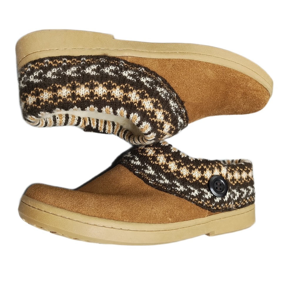 Clarks Supplier Slippers Womens Size 11M Brown Fair Isle Leather Comfort Slip On